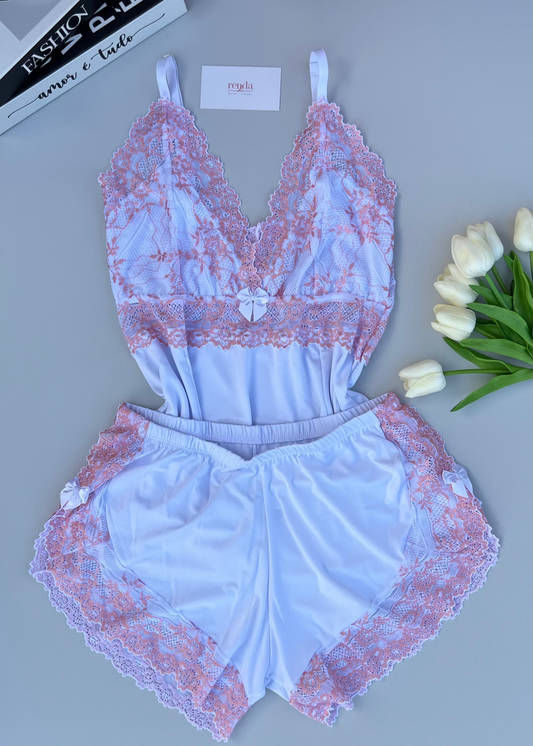 Conjunto de pijama curto - White and Light Pink